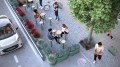 Table de bar extérieur Nordhavn en utilisation avec des personnes assises autour, sur un trottoir moderne.