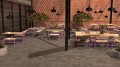 Lila und Holz Amager 1-Personen-Rückenlehne Bank auf Terrasse.