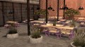 Banc avec dossier Amager pour 1 personne en bois et métal violet, sur terrasse moderne.