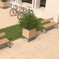 Jardinière d'extérieur Amager 150 l en bois sur terrasse avec bancs et vélos.