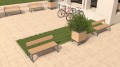Amager Outdoor Planter | 150 l next to wooden benches in a paved courtyard.