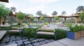 Banc Public Nørrebro 4 Places avec dossier et accoudoirs dans un parc moderne entouré de verdure et de voitures.