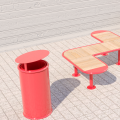 Poubelle de rue Nordhavn rouge avec banc en bois sur trottoir.