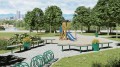 Nordhavn Außenpflanzkübel 55 l auf Spielplatz mit grünen Pflanzen.