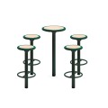 Nordhavn Bar Set: Table &amp; 4 Bar Stools with green frames and wooden tops.