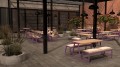 Banc avec dossier pour 1 personne Amager en bois et métal violet dans un espace extérieur moderne.