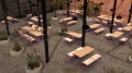 Banc Public Sans Dossier à 3 Places Amager en bois et métal violet dans un aménagement extérieur moderne.