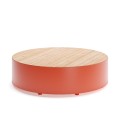 Round Valby Public Backless Bench with wooden top and red base.