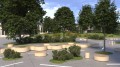 Crescent-shaped Valby Public Backless Benches set in a modern landscaped park.