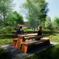 Banc public à dossier Nyboder 4 places en bois et métal dans un parc.