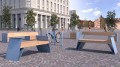 Drei-Sitzer-Bank Nyboder mit Armlehne auf einem öffentlichen Platz.