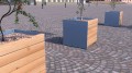 Nyboder Outdoor Planter | 175 l, wooden and metal, placed on cobblestone pavement.