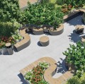 Valby Öffentliche Rückenlose Bank | Rechteckig in einem begrünten öffentlichen Bereich mit Blumen und Bäumen.