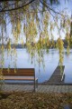 Frederiksberg 3 Seater Public Backrest Bench by a lakeside with willow branches.