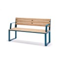 Frederiksberg 3 Seater Public Backrest Bench with Armrest in blue and wooden finish.
