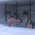 Frederiksberg 1-Personen-Rückenlehnenbank aus Holz mit Armlehne vor einem Café.
