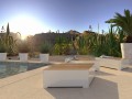 Banc Public Sans Dossier Kødbyen moderne près de la piscine avec des plantes en arrière-plan.