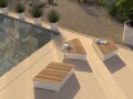 Banc Public Sans Dossier 3 Places Kødbyen disposé près d'une piscine sur une terrasse ensoleillée.