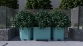 Jardinière d'extérieur Kødbyen de couleur cyan avec plantes, installée dans un jardin urbain.