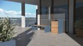 Öffentliche Sitzbank Indre By 3-Sitzer ohne Rückenlehne auf einer modernen Terrasse.