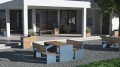 Table d'extérieur Indre By 150 cm avec bancs en bois et métal sur terrasse.