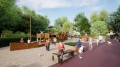 Banc Public Sans Dossier Vesterbro 4 Places en chêne dans un parc animé avec des enfants et des chiens.