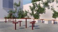Sydhavn Outdoor Bar Table | 70 cm in a garden setting with red bar tables and stools.