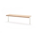 Holmen 3 Seater Public Backless Bench with wooden seat and white metal legs.