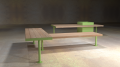 Banc public sans dossier Holmen en forme de L, bois et métal vert, design moderne.