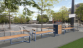 Banc public Christiania 4 places avec dossier et accoudoirs en bois et métal, installé dans un espace urbain.