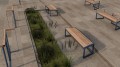 Banc public sans dossier 4 places Christiania en métal et bois, installé sur une place pavée avec des plantes décoratives.
