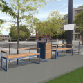 Bancs urbains avec Poubelle de rue Christiania en bois et métal dans un espace public.