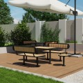 Nordhavn Set: Table &amp; 2 Benches &amp; 2 Bar Stools on a wooden patio under a large umbrella.