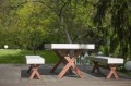 Outdoor Garden Set with Wooden Table and Benches on Patio