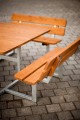 Square Bench &amp; Table set with wooden top on metal frame.