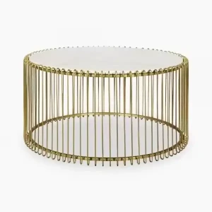 Table basse ronde moderne en métal avec plateau en marbre pour décoration de salons, hôtels et restaurants.