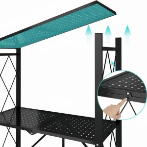 Telpā taupošs stāvošs glabāšanas plaukts ar riteņiem, atslēgu slēdzeni un instrumentu, moderns 5 slāņu salokāms metāla rāmis virtuves plaukts