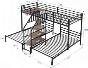 Lit superposé triple en métal au design moderne pour chambre à coucher adapté aux adultes, idéal pour maison, dortoir, appartement.