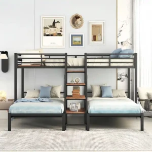 Lit Superposé Triple en Métal pour Adultes avec Cadre Métallique, Design Moderne pour Chambre Intérieure, Mobilier de Maison Adapté pour Appartement et Dortoir
