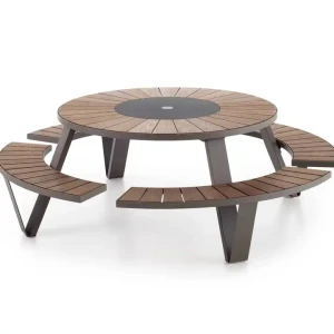 Moderner Design Langlebiger Metallrahmen Holztisch Runde Tisch mit Stühlen Outdoor Stühle Indoor Terrassenmöbel Set