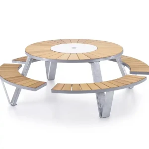 Robuster Metallrahmen Holztisch Rund Mit Angehängten Stühlen Modernes Design Outdoor Indoor Terrassenmöbel