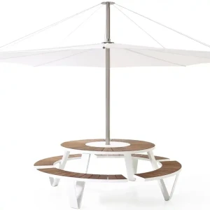 Table ronde avec plateau en bois et cadre en métal durable avec chaises de jardin modernes attachées pour patio extérieur