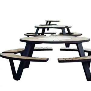 Langlebiges Ess-Set mit Metallrahmenstühlen und rundem Holztisch für Haus, modern, Outdoor, Terrasse, Garten