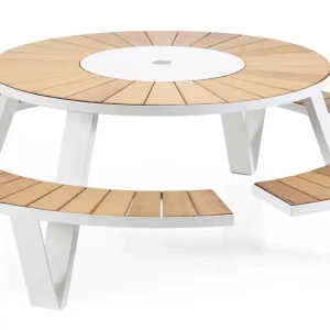 Ensemble de salle à manger d'extérieur durable pour patio, décoration moderne pour la maison, chaises en métal avec plateau rond en bois et table