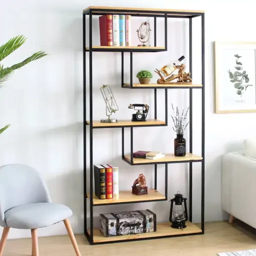 6 Tier Bookshelf Shelves Bookcase combine with metal and wood display shelves for Living room