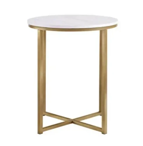 Table basse moderne avec plateau en marbre et cadre en métal thermolaqué.