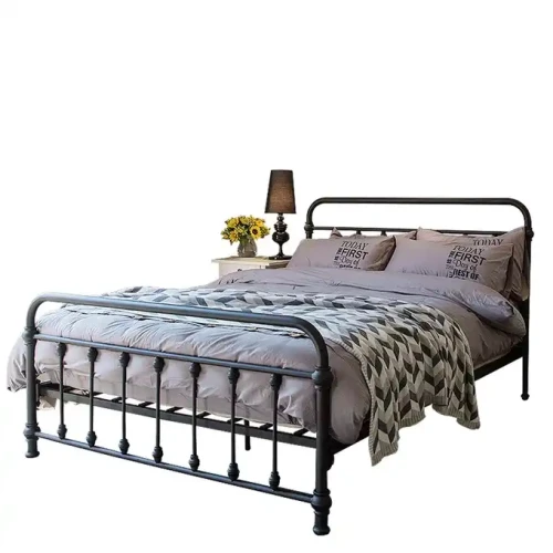 Black Metal Bed Frame with Headboard and Footboard in a bedroom setting.
