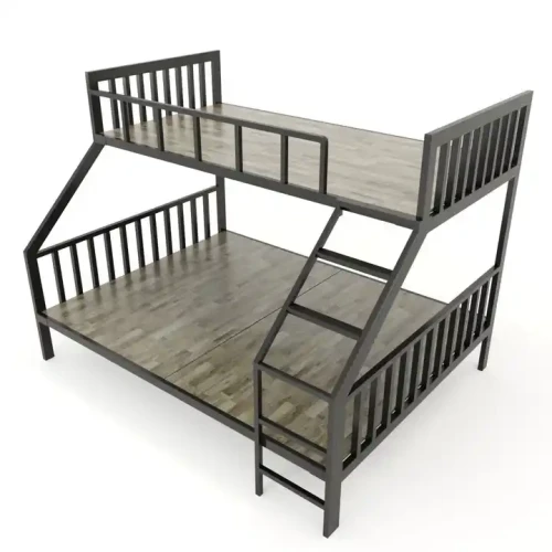 Bunk Metal Bed Frame with wooden platforms and ladder - double-layer square pipe suitable for bedroom, dormitory, or school.