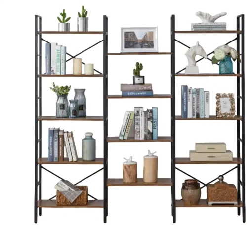 Modern style metal and wood bookshelf with decorations and books.