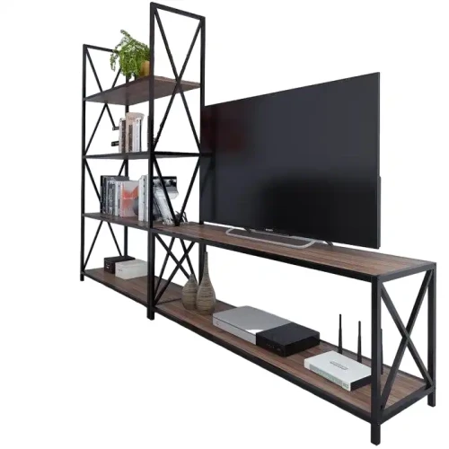 Modern TV stand cabinet with metal frame, shelves, and storage